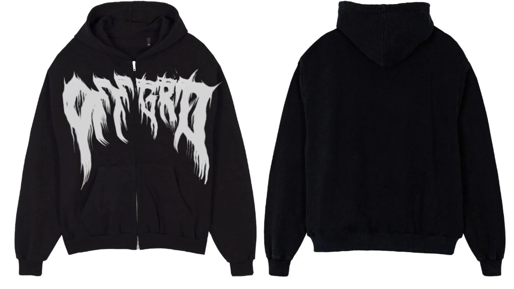 OFFGRD Black Zip Hoodie showcasing stylish black design with graphic print, perfect for modern streetwear fashion.