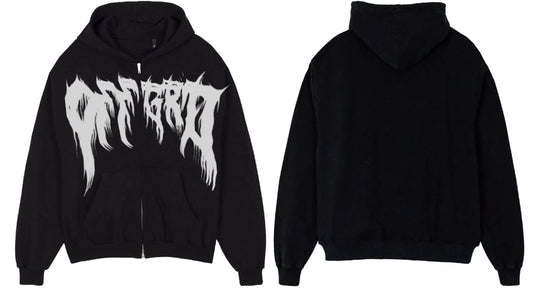 OFFGRD Black Zip Hoodie showcasing stylish black design with graphic print, perfect for modern streetwear fashion.