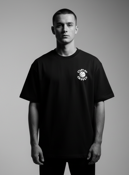 OFFGRD Black Basketball Graphic Tee – Editorial front and back view