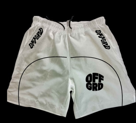 OFFGRD sport shorts in white fabric with black logo and accents, ideal for summer activities and outdoor adventures.