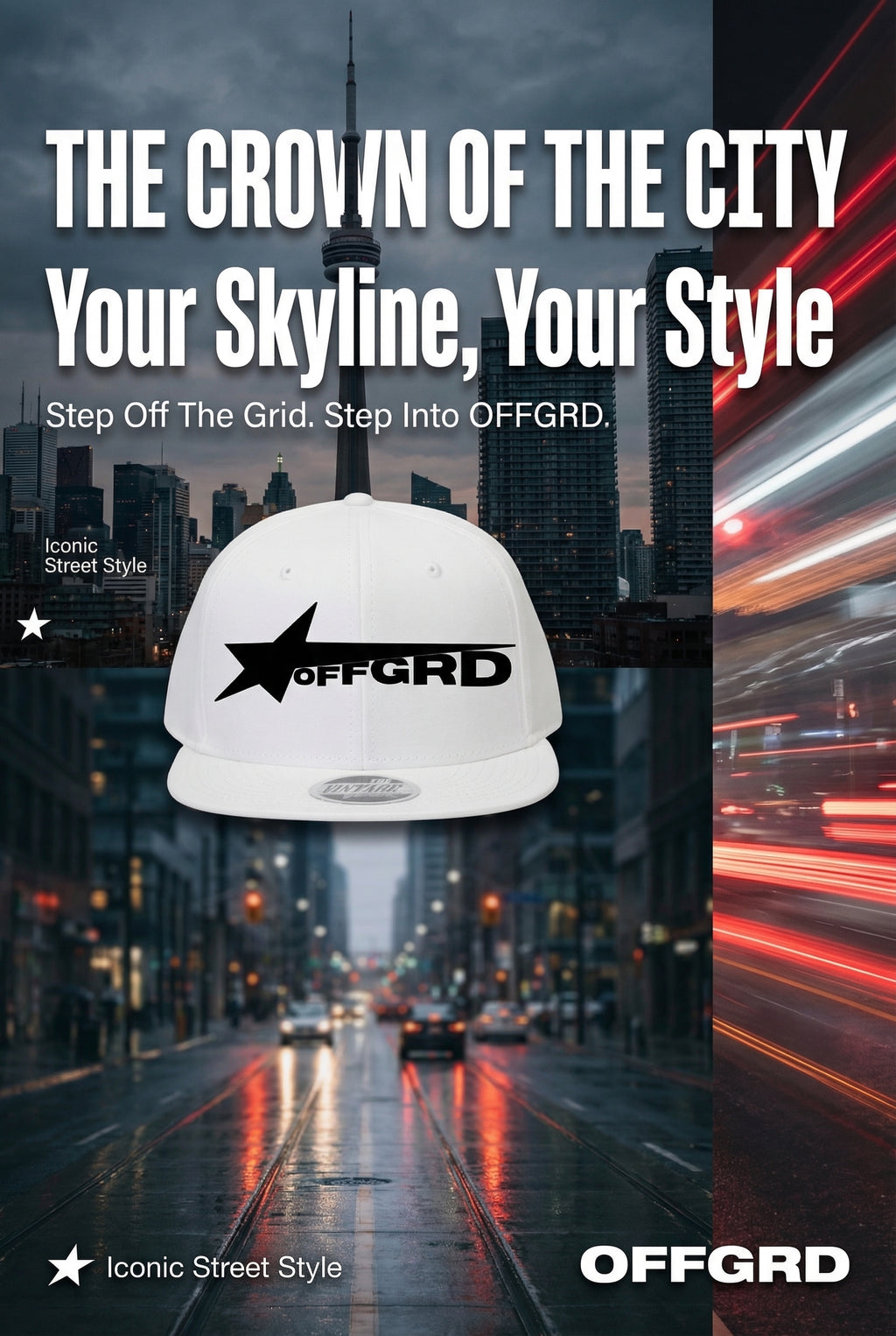 OFFGRD summer cap for outfits displayed in a city skyline setting, promoting style and sun protection.