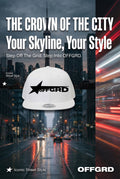 OFFGRD summer cap for outfits displayed in a city skyline setting, promoting style and sun protection.