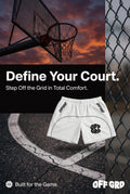 OFFGRD sport shorts displayed in front of a basketball hoop, promoting comfort for athletes.
