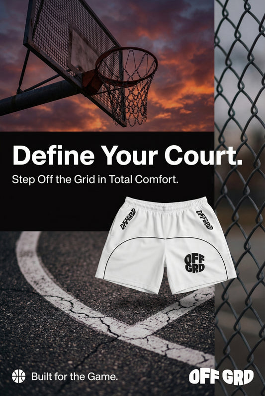 OFFGRD sport shorts displayed in front of a basketball hoop, promoting comfort for athletes.